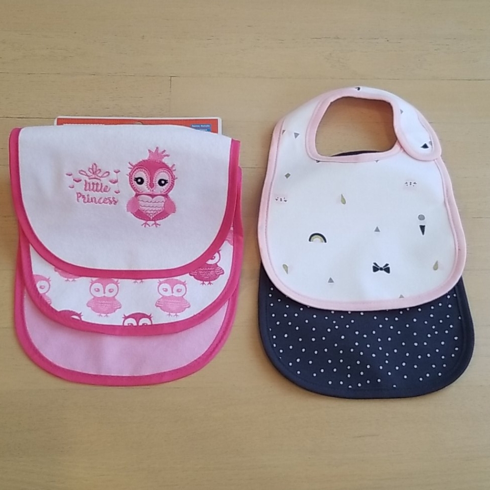 5 New Carter's and Kidgets baby girl bibs